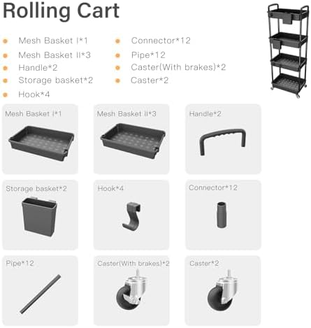 4 Tier Rolling Utility Cart with Handle,REBECAT Utility Cart Made of Multifunctional Storage Organizer Tool for Kitchen,Bathroom,Living Room,Office(Black) - Image 4