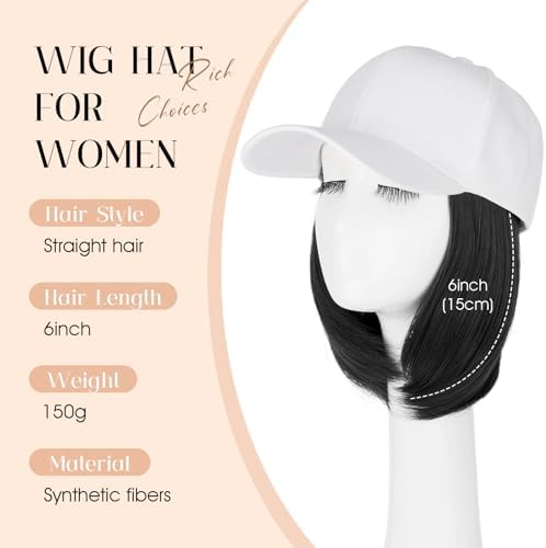 Rich Choices Hat Wigs for Women,White Baseball Cap with Hair Extensions for Women,Short Bob Hairstyle Caps with Straight Synthetic Hairs Attached Adjustable Baseball Cap Wig 6 Inch-Black Hair - Image 2