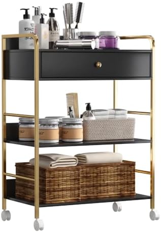 Salon Rolling Trolley with Lockable Wheels Barber Cart with Storage Drawer Mobile Hair Station Cabinet for Beauty Makeup Esthetician Spa Massage (Black+one Drawer+Two Shelves) by NacheskidsFurniture