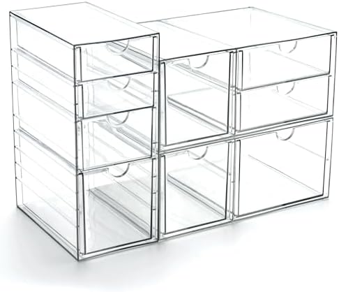 Prsildan Acrylic Drawer Makeup Organizer with 9 Drawers, Set of 3 Office Desk Organizers Accessories, Clear Stackable Storage Drawers for Vanity, Countertop, Craft, Jewelry, Art Supply Organization by Prsildan