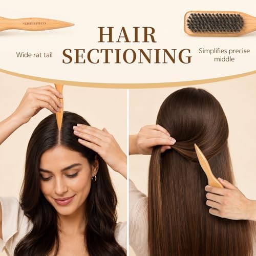 SAMEBUTECO 6pc Slick Back Hair Brush Set, Boar Bristle Wood Handle, 2 Topsy Tails, Edge Comb, Teasing Tool & Fine Tooth Pin Tail Comb for Sleek Ponytail, Braid Styling, Flyaways Control - Pink - Image 4
