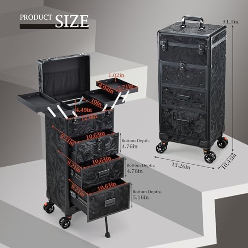 Stagiant Rolling Makeup Case with Drawers Cosmetology Case on Wheels 4 IN 1 Makeup Case 3 Drawers with Foot Stand Spring-release Mechanism Rolling Make Up Organizer for Artist Salon Nail Teach Trunk - Image 4