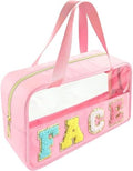 Bunliuys Chenille Letter Clear Makeup Bag Face Patch, Travel Toiletry Makeup Bag with Handle, Nylon Waterproof Makeup Bags clear cosmetic bag, preppy patch makeup bag for Women (FACE-Pink) by Bunliuys