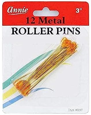 Annie Metal Roller Pins 3 Inch, 12 Count, Amber Steel Hair Roller Pins for Wire Mesh Rollers & Foam Curlers, Secure Hold for Overnight Sets, Salon & Home Styling by AnnieInternational