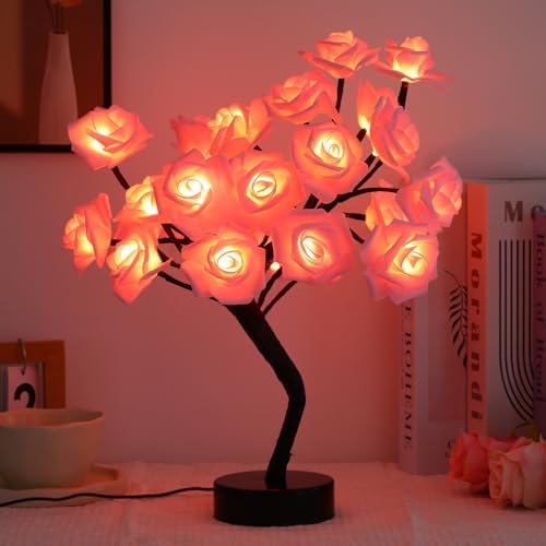 Drawelry Rose Flower Tree Lamp - LED Rose Tree Table Lamp USB/Battery Powered Artificial Bonsai Flower Night Light for Bedroom Living Room Party Wedding Birthday Decor (Pink) by Drawelry