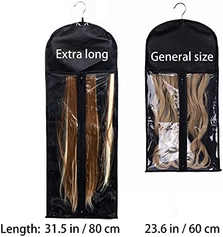 1 Pack Extra Long Hair Extension Holder Wig Storage Bag with Hanger Hairpieces Ponytail Bundles Storage Carrier Case for Store Style Hair Travel Hair Extensions Bag Black Color - Image 3