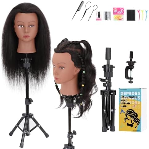 Mannequin Head with Tripod Stand, 100% Real Human Hair by Demides