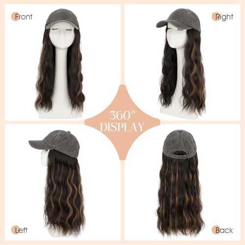 Rich Choices Hat Wigs for Women,Dark Gray Baseball Cap with Hair Extensions for Women,Caps with Wavy Curly Long Hair Attached Adjustable Baseball Cap Wig 18 Inch Highlighted Dark Brown Hair - Image 5