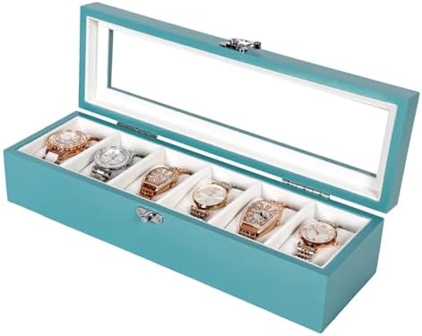 Watch Box, Watch Case for Men Women with Large Glass Lid, Wooden Watch Display Storage Box with 6 - Slots, Ocean Blue Mens Watch Box Organizer by ExperCity