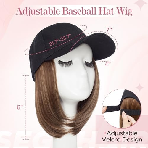 SEGO Baseball Cap with Hair Extensions for Women Heat Resistant Synthetic 6" Adjustable Short Straight Hairpiece Replacement Wigs in Black Hat for Girls 10P22T Medium Brown Mix Dark Blonde - Image 3