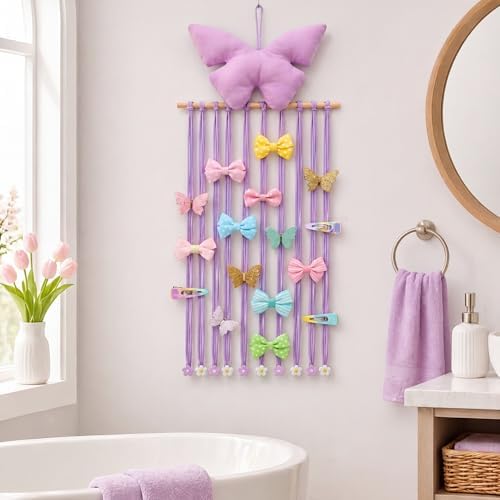 Long Bow Holder for Girls Baby Pink Purple Butterfly Hair Clip Organizer - Image 2