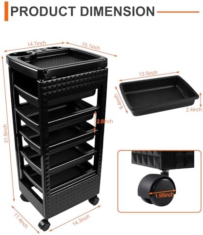 Hair Styling Salon Trolley Cart with Wheels and 5 Drawers,Rolling Cart for Hair Stylist, Beauty Salon Equipment,Tattoo(Black) - Image 2