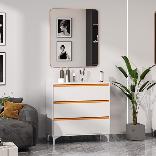 OmySalon Salon Station for Hair Stylists, Barber Free Standing Styling Cabinet with 3 Drawers, Square Mirror & Hair Dryer Holders, Modern White Gold Beauty Dresser for Salon, Spa, Home - Image 2