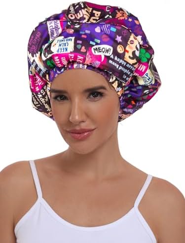 Double Layer Satin Bonnet with Eye Mask Adjustable Silk Sleep Cap Turban Style Hair Wrap for Curly Hair Purple Animals - Image 2