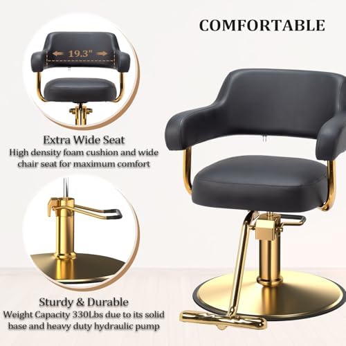 OmySalon Barber Chairs for Barbershop Black and Gold Styling Chair, Salon Chair for Hair Stylist Heavy Duty Hydraulic Pump, 360°Swivel with Footrest, Hairdressing Home Beauty Spa Braiding Equipment - Image 4
