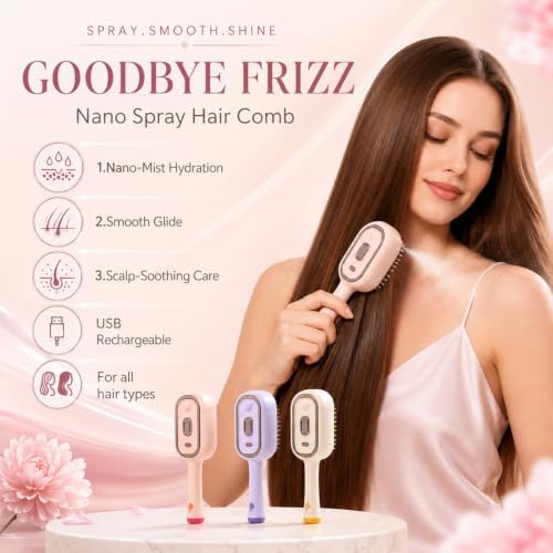 Electric Spray Air Cushion Massage Comb,5 in 1 Rechargeable Steam Brush for Hair,Self-Cleaning Detangling Anti-Frizz Hair Brush for Scalp Massage&Smooth Hair,Portable Travel Hairs Styling Tool(Purple) - Image 3