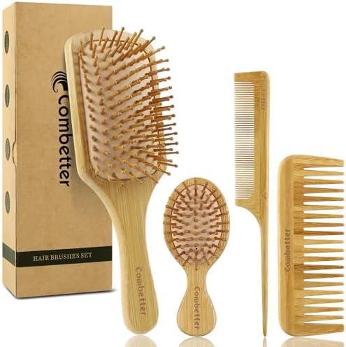 Bamboo Hair Brushes & Comb Set for Women,Men & Kid for Detangling by Combetter