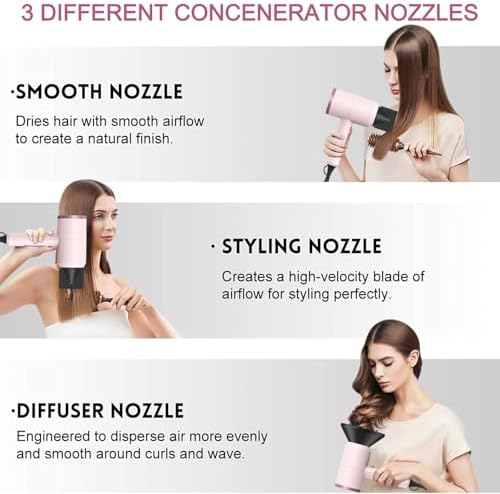 Slopehill Professional Ionic Hair Dryer, Powerful 1800W Fast Drying Low Noise Blow Dryer with 2 Concentrator Nozzle 1 Diffuser Attachments for Home Salon Travel (Pottery Pink and Rose Gold) - Image 3