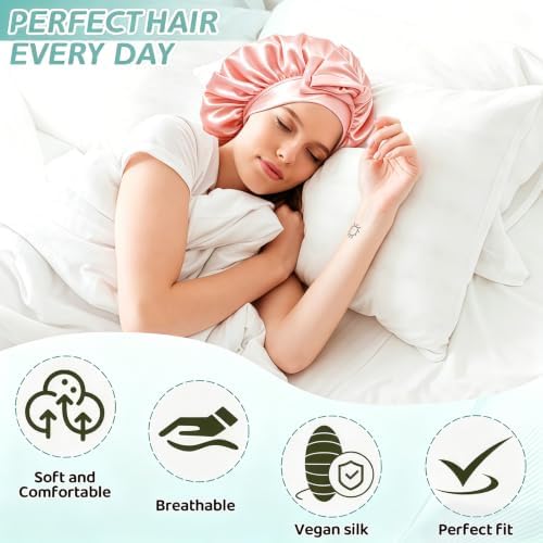 VECIIR Silk Bonnet for Sleeping Women，Hair Bonnet for Sleeping Silk Night Cap for Curly/Natural Hair Skin Snowbud Pink, Large - Image 2
