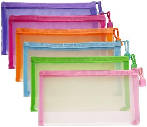 Mesh Pouches(6 Pack), Mesh Bags with Zipper Nylon Makeup Pouches Bag Cosmetic Pouch Travel Purse Organizer Insert Diaper Inside Bag Organizers Home Organizing Size See Through Cute Colors by CarryEpic