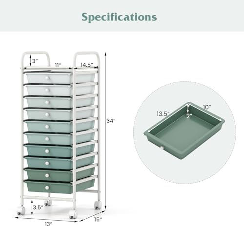 Giantex 10-Drawer Rolling Storage Cart w/Wheels, Handle, Removable Drawers, Mobile Organizer Storage Unit, Trolley Utility Cart for Home Kitchen Living Room Office Play Room, Green Gradient - Image 3