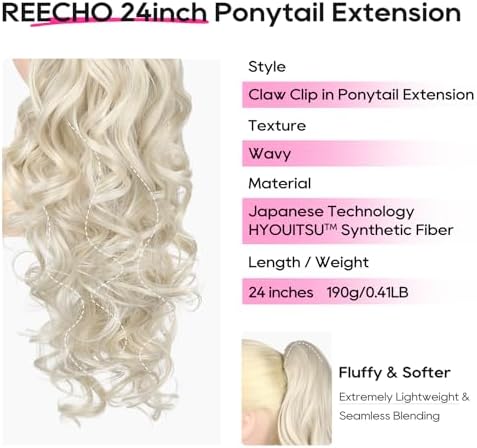 REECHO Ponytail Extension, 24" Claw Clip in Long Curly Wavy Ponytail Hair Extension Jaw Clip on Pony Tails Hairpiece for Women - Platinum Blonde - Image 2