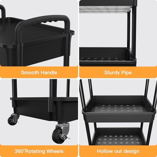 5 Tier Rolling Utility Cart with Drawer,REBECAT Utility Cart Made of Multifunctional Storage Organizer Tool for Kitchen,Bathroom,Living Room,Office(Black) - Image 2