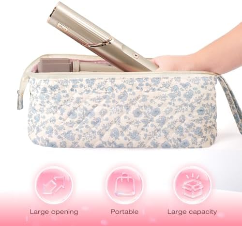 Quilted Hair Tool Travel Bag, Shark Flex Style Travel Case For Dyson Hair Dryer Airwrap Bag, Curling Iron Bags Quilted For Shark Dyson Revlon Organizer Accessories (Blue flowers) - Image 6