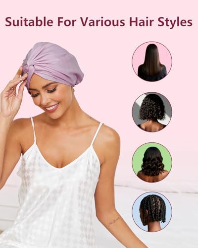 HFRHTGY Adjustable Silk Satin Hair Bonnet for Sleeping, Double Layer Hair Wrap Sleep Cap Turban for Women Men, Curly Straight Braid Unisex (Royal Lavender) - Image 6