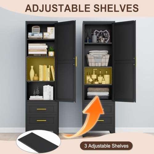 Tall Metal Narrow Storage Cabinet 67" H with 2 Drawer, Black Pantry Cabinets with 3 Adjustable Shelves and Door,Tall Bathroom Cabinet for Kitchen, Home Office, Living Room, Dining Room - Image 5