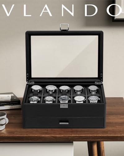 VLANDO Watch Box 10 Slots, Lockable Watch Case with Textured Leather, 2 Layer Watch Holder for Rings, Glasses, Mens Jewelry Box with Glass Lid, Removable Divider, Gifts for Father, Husband, Black - Image 3