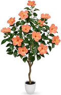 Briful Artificial Hibiscus Tree 4.13ft Tall Real Touch Fake Tree with Orange Flowers Potted Faux Plant Indoor Realistic Floor Plants for Front Porch Outdoor Home, Patio Decor by Briful