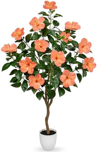 Briful Artificial Hibiscus Tree 4.13ft Tall Real Touch Fake Tree with Orange Flowers Potted Faux Plant Indoor Realistic Floor Plants for Front Porch Outdoor Home, Patio Decor by Briful