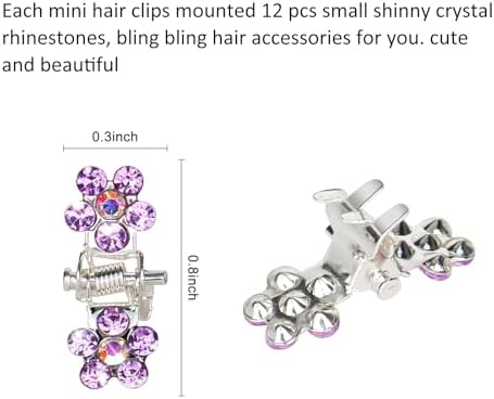 ANBALA 65PCS Mini Purple Flower Hair Clips with Rhinestone Mini Glitter Teeth Rhinestone Flower Hair Accessories No-Slip Grip Metal Jaw Clamps for Girls Women (Silver-Purple Crystal) - Image 6