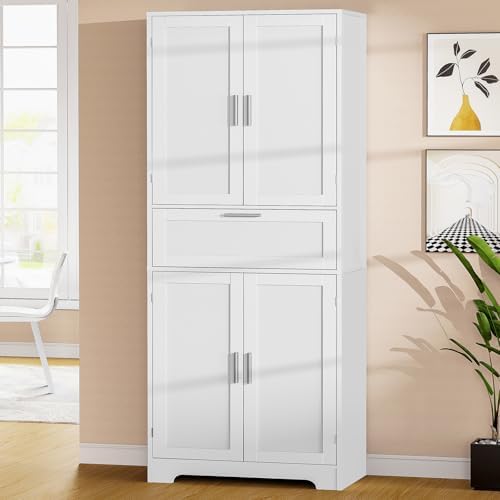 Iwell 67" Tall Storage Cabinet with Adjustable Shelf & 1 Large Drawer, Pantry Cabinet with 4 Doors, Kitchen Cabinets for Dining Room, Living Room, Home Office, White - Image 2