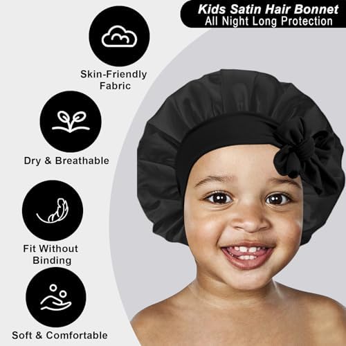3 Pcs Kids Silk Bonnet for Sleeping - Baby Satin Bonnet for Sleep,Kids Hair Bonnets for Curly Hair Girls Boys with Wide Elastic Band,Sleeping Cap for Teens Toddler Child (Pink+Black+Light Blue) - Image 4