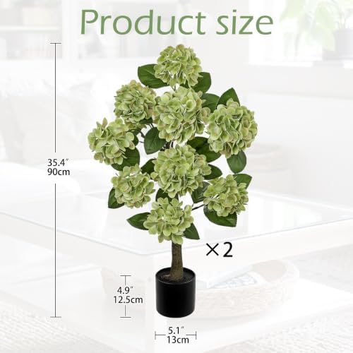 3FT Green Hydrangea Artificial Flowers Tree Large Real Touch Faux Silk Hydrangea Plants Potted Fake Flower in Black Pot for Home Indoor Outdoor Front Porch Garden Entrance Living Room Decor, 2 Pack - Image 2