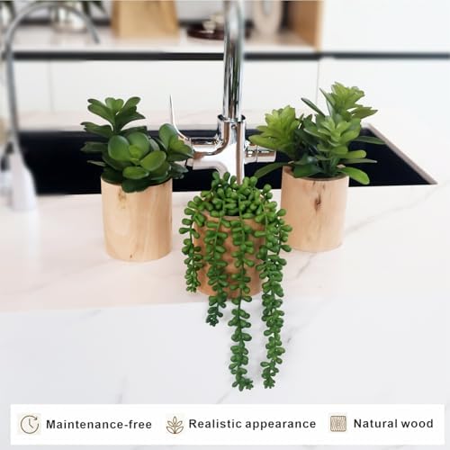 Artificial Succulents Plastic Artificial Green Plant for Office, Home Decor (Set of 3 Succlents in Wooden pots) - Image 4