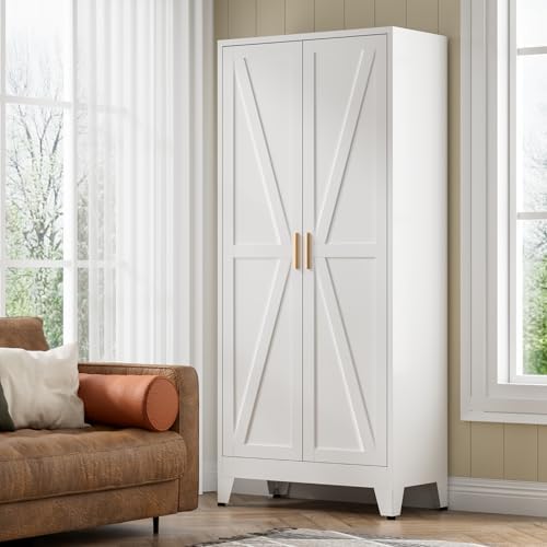 COFaR 5 Tier Metal Farmhouse Storage cabinets with Doors and Shelves, White - Image 3