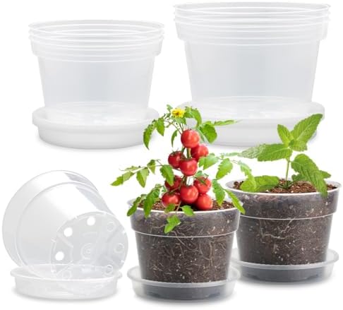9 Pack 8/7/6 Inch Clear Nursery Pots for Plants with Saucer, Transparent Plastic Plant Pots with Drainage Holes, Sturdy Seedling Starter Pot, Garden Planter Pot for Succulents Flowers Herb Vegetables by BTPLASTIK