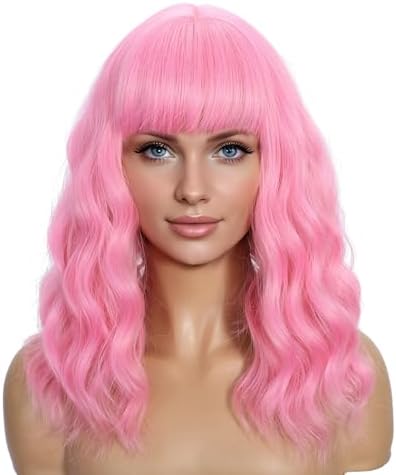 Sebast Pastel Bob Wigs with Bangs for Women Loose Wavy Wig Pastel Wavy Shoulder Length Bob Synthetic Cosplay Wig for Girl Colorful Costume Wigs (Pink) by Sebast
