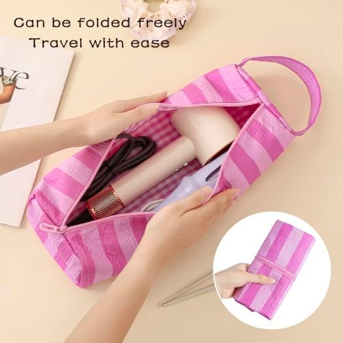 RSRSLEII Striped Hair Tools Travel Bag, Portable&Foldable, Rose Red&Pink - Image 4