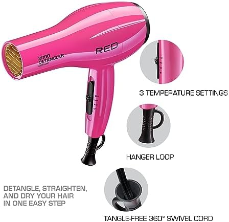 RED by KISS 2000 Ceramic Hair Dryer, Professional Salon Blow Dryer, 2 Detangler Pik Attachments, Tourmaline Technology, 3 Heat Settings, Easy Storage Loop (Pink) - Image 3