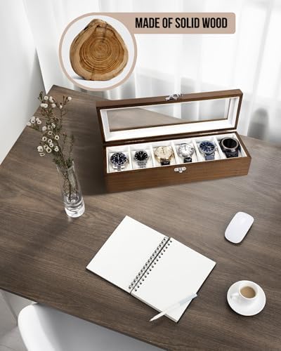 Watch Box, Watch Case for Men Women with Large Glass Lid, Wooden Watch Display Storage Box with 6 - Slots, Rustic Brown Mens Watch Box Organizer - Image 7