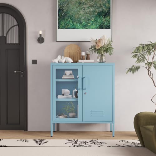 29.5" Wide Blue Metal Storage Cabinet with Lock and Ventilated Doors, 2 Adjustable Shelves, Heavy Duty Home Metal Accent Locker for Kitchen Office Living Room Hallway by HOME