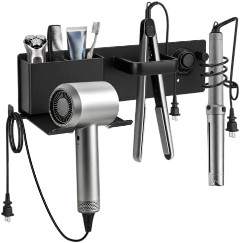 Hair Dryer Holder Wall Mount with 2 Storage Compartments, Aerospace Aluminum Blow Dryer Curling Iron Flat Iron Holder, No Drill Adhesive Bathroom Hair Tool Organizer, Heat Resistant (Black) by Bensbl
