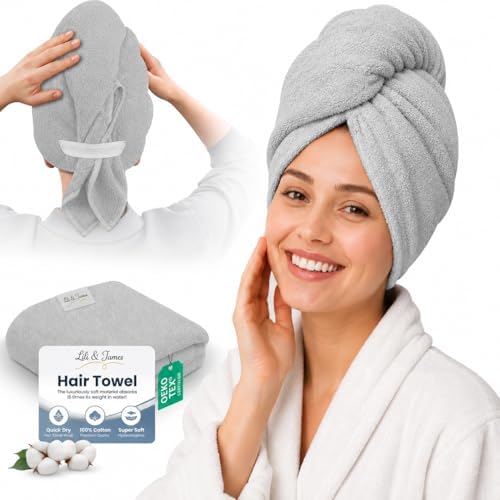 Lili&James Cotton Hair Towel Wrap for Women/Kids | Quick Dry, Soft & Absorbent Hair Wrap Towels with Double Button (Pack of 1, Grey Large) by LiliJames