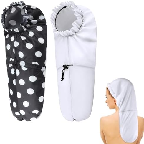 2 Pcs Large Shower Cap for Braids, Extra Long Shower Cap for Women Long Hair & Locs, Waterproof Hair Bonnets for Dreadlocks Drawstring Bath Caps for Women & Men (White, Polka Dots) by Unknown