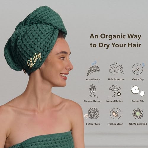 Luxury Organic Japanese Cotton Hair Drying Waffle Towel Wrap for Women | Absorbent, Quick-Dry Head Turban for Shower, Sauna, Spa | Extra Large for Long, Curly, Straight Hair With Button (Black, 1 Pc) - Image 3