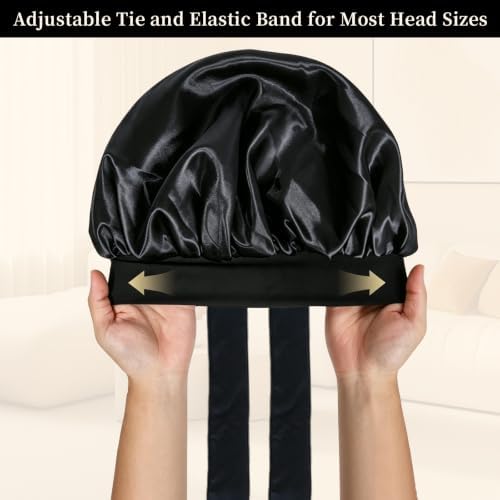 2PCS Silk Bonnet for Women, Satin Bonnet for Sleeping, Large Sleep Cap with Elastic Tie Band for Curly Hair (Bean Paste Pink+Black) - Image 6